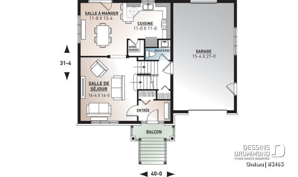 Rez-de-chaussée - Superbe plan maison champêtre 4 chambres, 3 salles de bain, une salle familiale à l'étage et garage - Chelsea