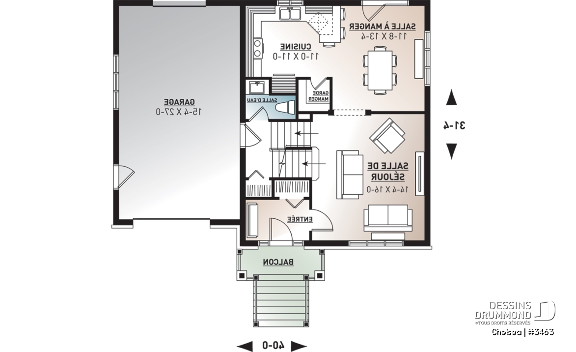 Rez-de-chaussée - Superbe plan maison champêtre 4 chambres, 3 salles de bain, une salle familiale à l'étage et garage - Chelsea