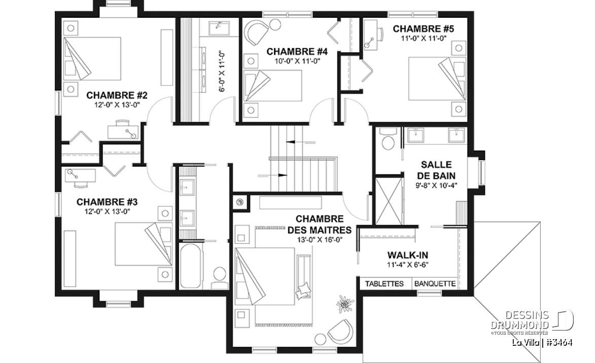 Étage - Plan de maison de style Grange moderne, 5 chambres à l'étage, 2.5 s. de bain, garage, vestibule, garde-manger - La Villa