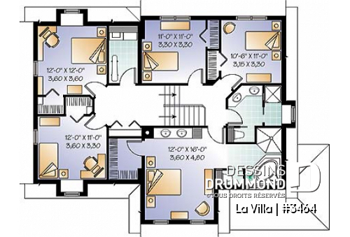 Étage - Plan de grande maison champêtre, 5 chambres, garage, vestibule, garde-manger - La Villa