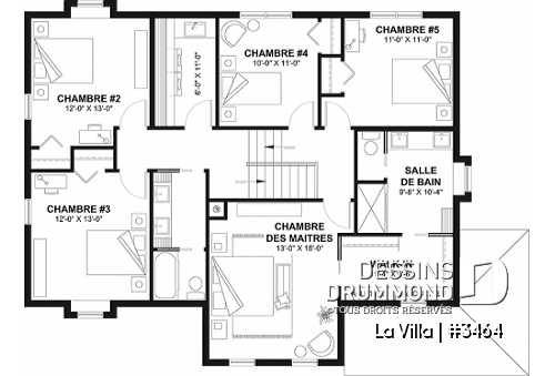 Étage - Plan de maison de style Grange moderne, 5 chambres à l'étage, 2.5 s. de bain, garage, vestibule, garde-manger - La Villa