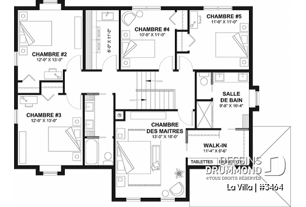 Étage - Plan de maison de style Grange moderne, 5 chambres à l'étage, 2.5 s. de bain, garage, vestibule, garde-manger - La Villa