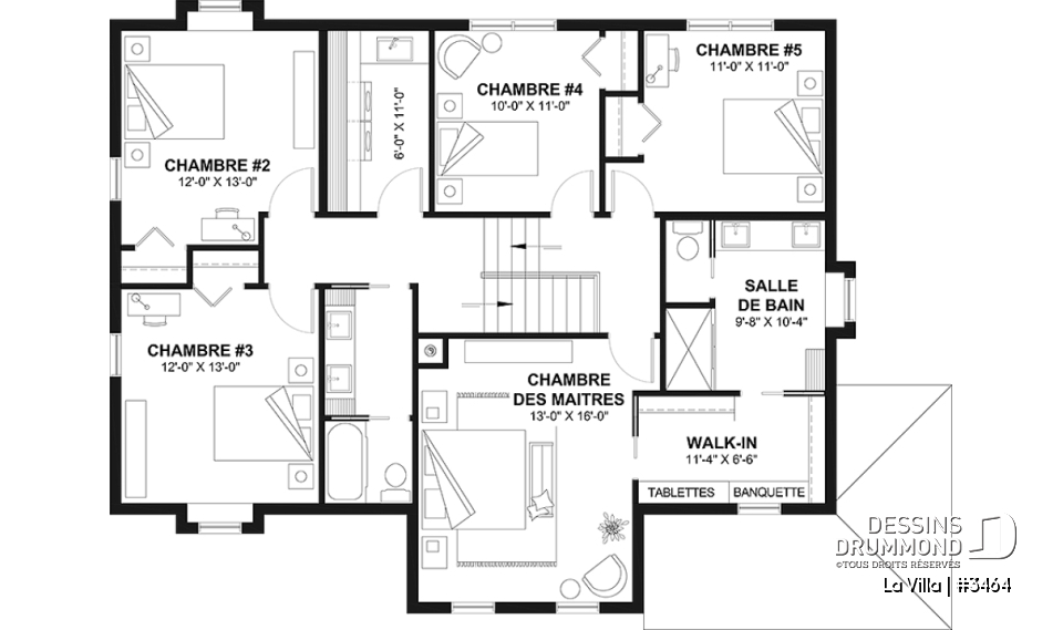 Étage - Plan de maison de style Grange moderne, 5 chambres à l'étage, 2.5 s. de bain, garage, vestibule, garde-manger - La Villa