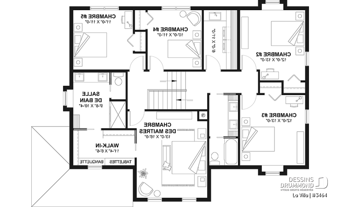 Étage - Plan de maison de style Grange moderne, 5 chambres à l'étage, 2.5 s. de bain, garage, vestibule, garde-manger - La Villa