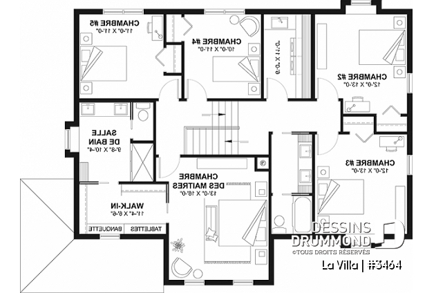 Étage - Plan de maison de style Grange moderne, 5 chambres à l'étage, 2.5 s. de bain, garage, vestibule, garde-manger - La Villa