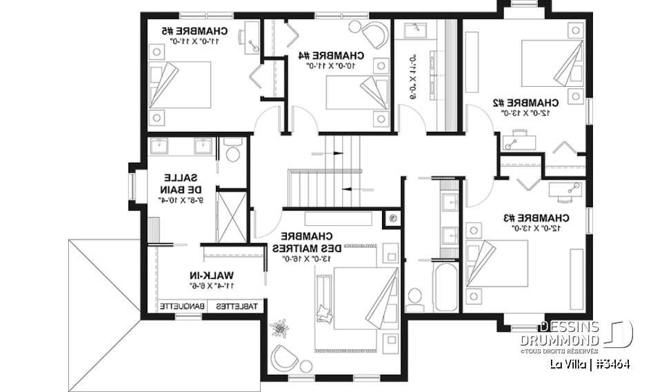 Étage - Plan de maison de style Grange moderne, 5 chambres à l'étage, 2.5 s. de bain, garage, vestibule, garde-manger - La Villa