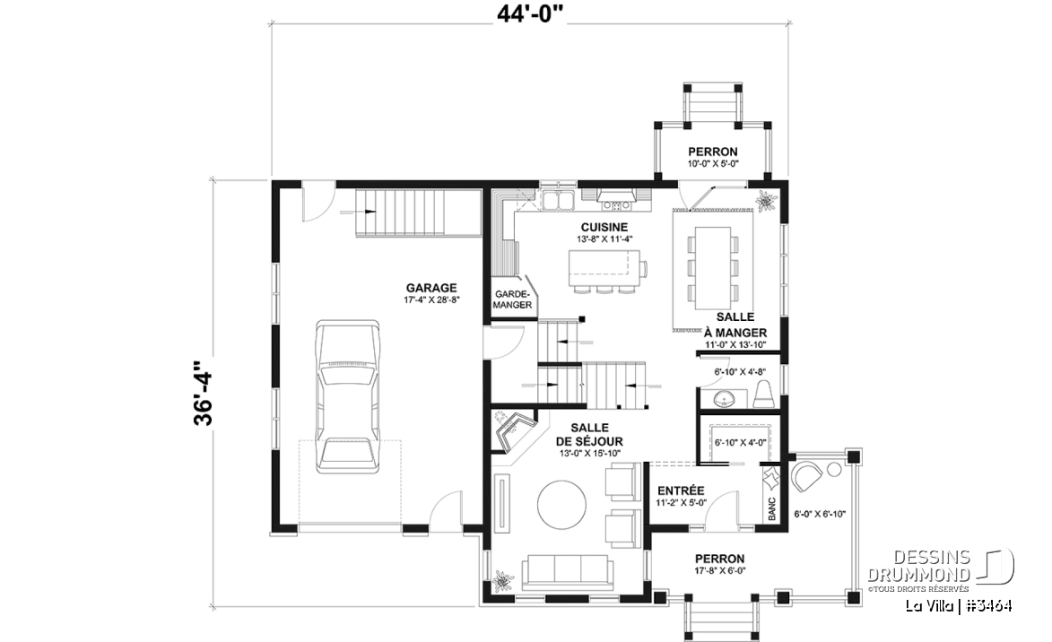 Rez-de-chaussée - Plan de maison de style Grange moderne, 5 chambres à l'étage, 2.5 s. de bain, garage, vestibule, garde-manger - La Villa