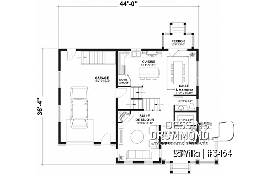 Rez-de-chaussée - Plan de maison de style Grange moderne, 5 chambres à l'étage, 2.5 s. de bain, garage, vestibule, garde-manger - La Villa