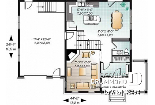 Rez-de-chaussée - Plan de grande maison champêtre, 5 chambres, garage, vestibule, garde-manger - La Villa