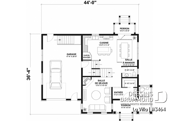 Rez-de-chaussée - Plan de maison de style Grange moderne, 5 chambres à l'étage, 2.5 s. de bain, garage, vestibule, garde-manger - La Villa