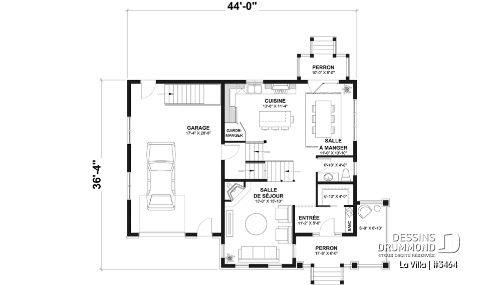 Rez-de-chaussée - Plan de maison de style Grange moderne, 5 chambres à l'étage, 2.5 s. de bain, garage, vestibule, garde-manger - La Villa