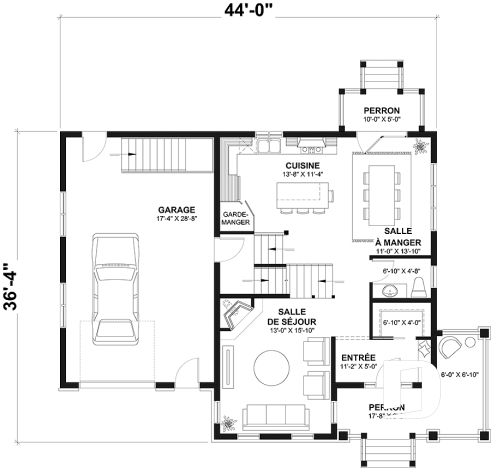 Rez-de-chaussée - Plan de maison de style Grange moderne, 5 chambres à l'étage, 2.5 s. de bain, garage, vestibule, garde-manger - La Villa