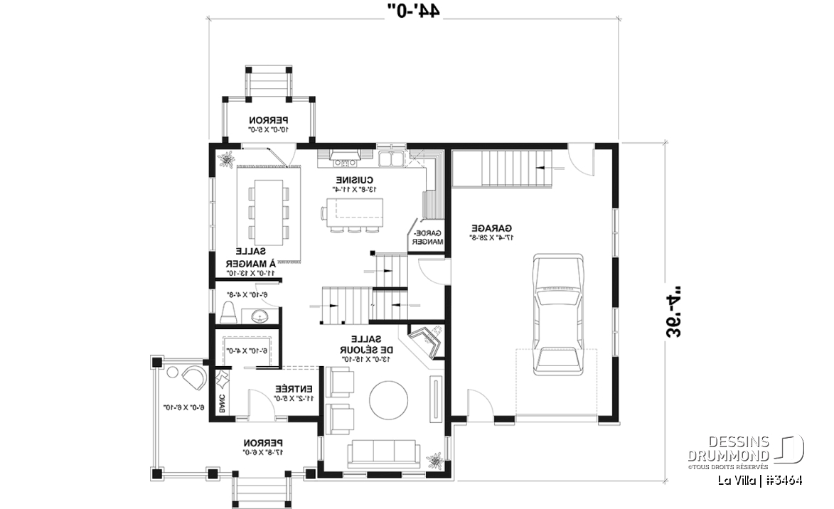 Rez-de-chaussée - Plan de maison de style Grange moderne, 5 chambres à l'étage, 2.5 s. de bain, garage, vestibule, garde-manger - La Villa