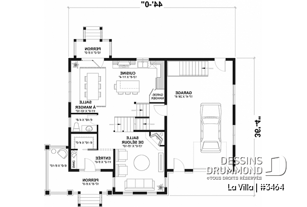 Rez-de-chaussée - Plan de maison de style Grange moderne, 5 chambres à l'étage, 2.5 s. de bain, garage, vestibule, garde-manger - La Villa