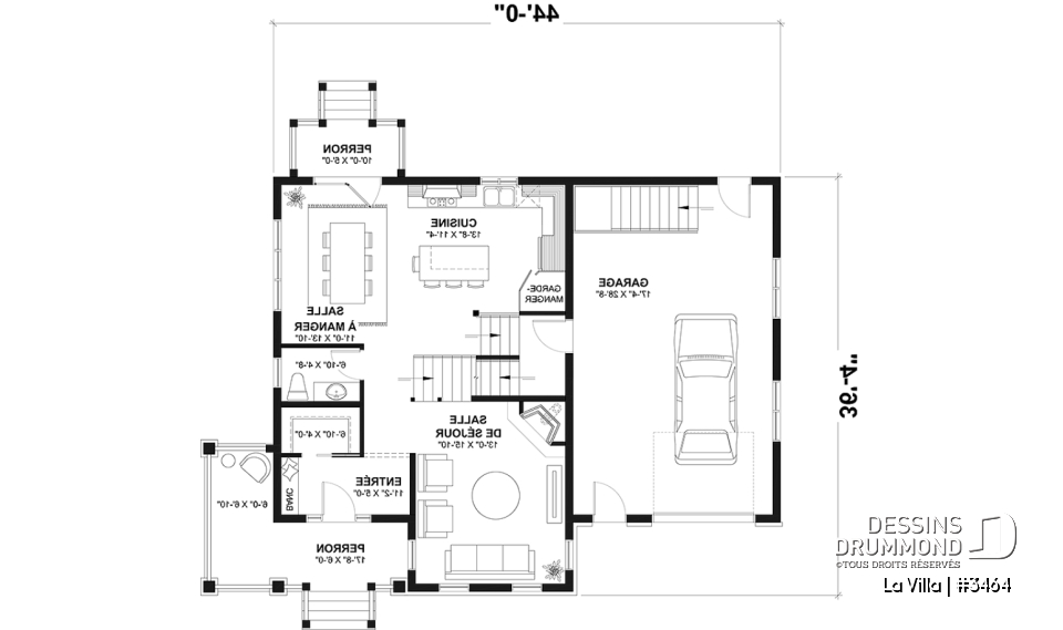 Rez-de-chaussée - Plan de maison de style Grange moderne, 5 chambres à l'étage, 2.5 s. de bain, garage, vestibule, garde-manger - La Villa