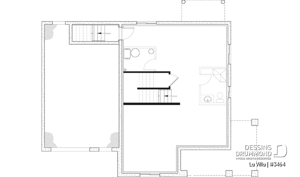 Sous-sol - Plan de maison de style Grange moderne, 5 chambres à l'étage, 2.5 s. de bain, garage, vestibule, garde-manger - La Villa