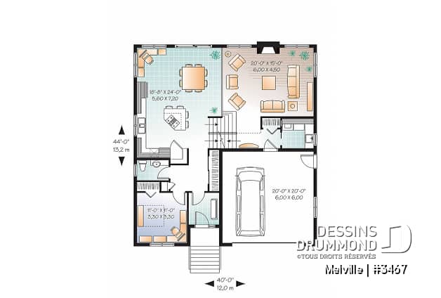 Rez-de-chaussée - Plan de maison de 1 à 3 chambres, bureau à domicile, garage double - Melville