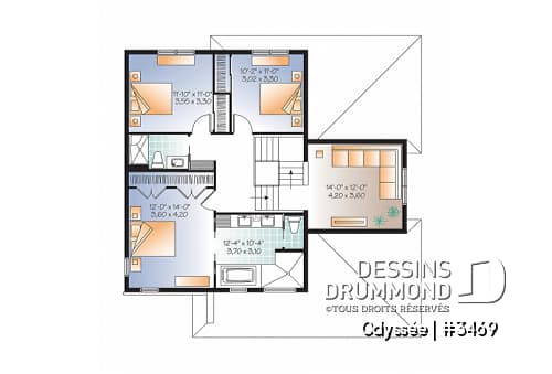 Étage - Plan de maison contemporaine, 3 à 4 chambres + bureau, avec garage, îlot, foyer, buanderie rez-de-chaussée - Odyssée