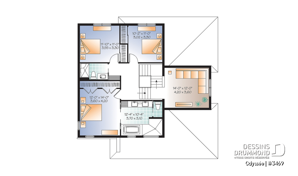 Étage - Plan de maison contemporaine, 3 à 4 chambres + bureau, avec garage, îlot, foyer, buanderie rez-de-chaussée - Odyssée