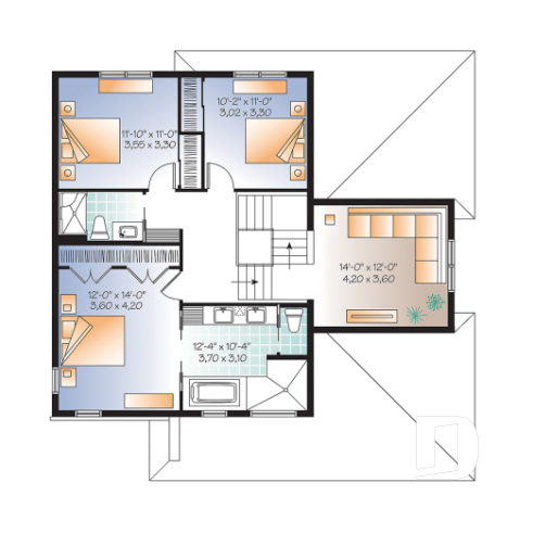 Étage - Plan de maison contemporaine, 3 à 4 chambres + bureau, avec garage, îlot, foyer, buanderie rez-de-chaussée - Odyssée