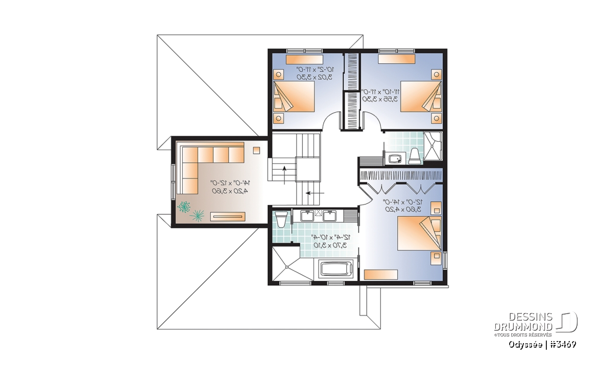 Étage - Plan de maison contemporaine, 3 à 4 chambres + bureau, avec garage, îlot, foyer, buanderie rez-de-chaussée - Odyssée