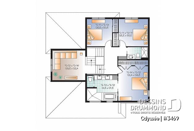 Étage - Plan de maison contemporaine, 3 à 4 chambres + bureau, avec garage, îlot, foyer, buanderie rez-de-chaussée - Odyssée