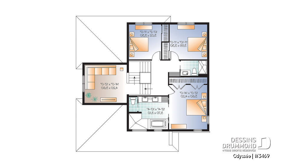 Étage - Plan de maison contemporaine, 3 à 4 chambres + bureau, avec garage, îlot, foyer, buanderie rez-de-chaussée - Odyssée