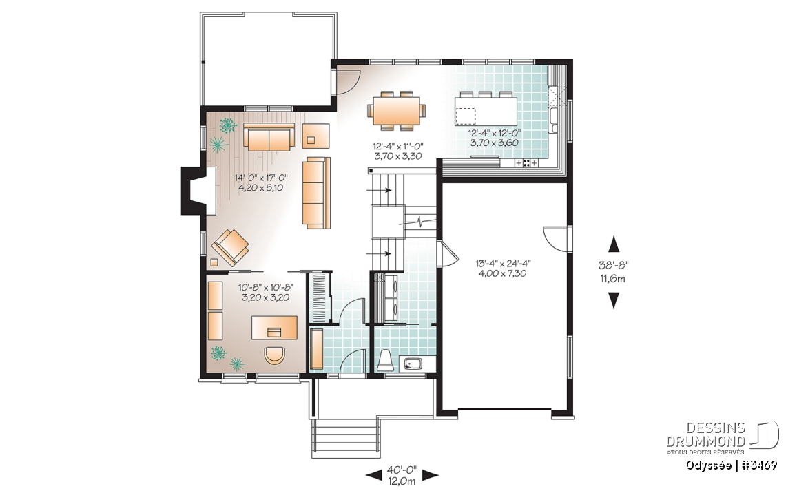 Rez-de-chaussée - Plan de maison contemporaine, 3 à 4 chambres + bureau, avec garage, îlot, foyer, buanderie rez-de-chaussée - Odyssée