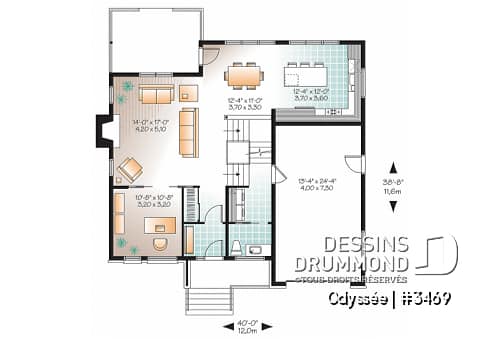 Rez-de-chaussée - Plan de maison contemporaine, 3 à 4 chambres + bureau, avec garage, îlot, foyer, buanderie rez-de-chaussée - Odyssée