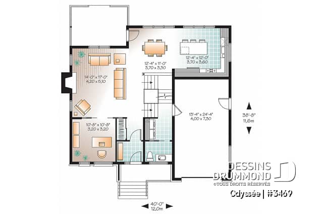 Rez-de-chaussée - Plan de maison contemporaine, 3 à 4 chambres + bureau, avec garage, îlot, foyer, buanderie rez-de-chaussée - Odyssée