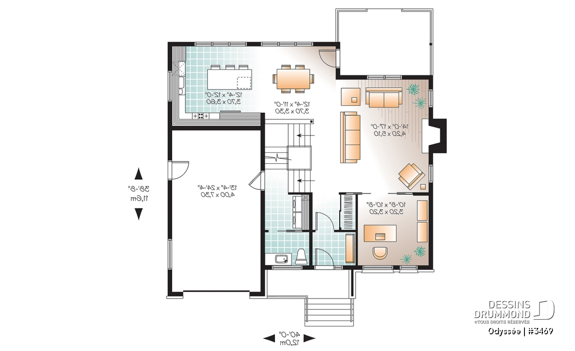Rez-de-chaussée - Plan de maison contemporaine, 3 à 4 chambres + bureau, avec garage, îlot, foyer, buanderie rez-de-chaussée - Odyssée