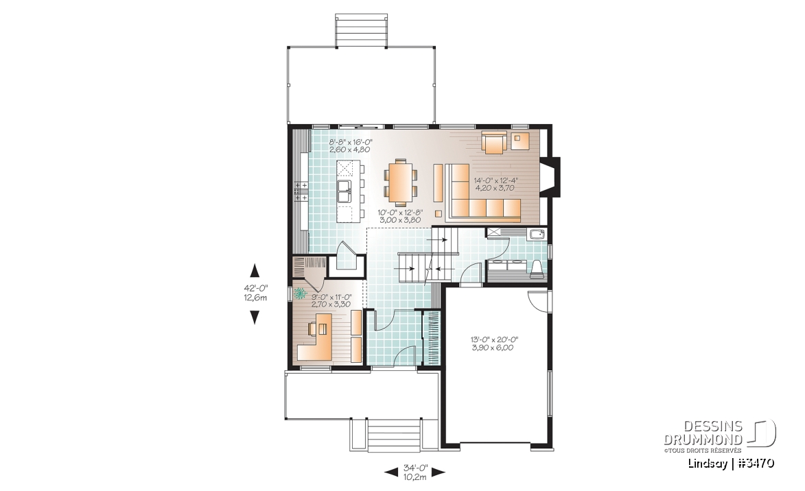 Rez-de-chaussée - Plan modèle contemporain, 3 à 4 chambres, bureau, foyer, îlot à la cuisine, balcon arrière couvert, garage - Lindsay