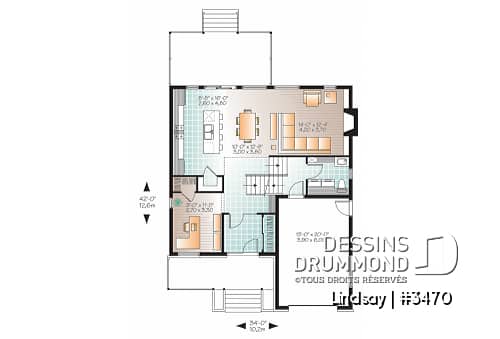 Rez-de-chaussée - Plan modèle contemporain, 3 à 4 chambres, bureau, foyer, îlot à la cuisine, balcon arrière couvert, garage - Lindsay