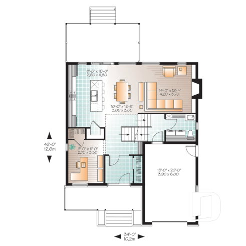 Rez-de-chaussée - Plan modèle contemporain, 3 à 4 chambres, bureau, foyer, îlot à la cuisine, balcon arrière couvert, garage - Lindsay