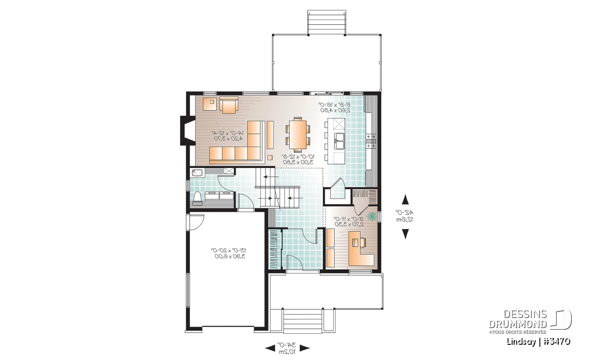 Rez-de-chaussée - Plan modèle contemporain, 3 à 4 chambres, bureau, foyer, îlot à la cuisine, balcon arrière couvert, garage - Lindsay
