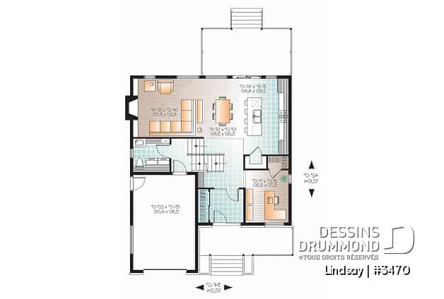 Rez-de-chaussée - Plan modèle contemporain, 3 à 4 chambres, bureau, foyer, îlot à la cuisine, balcon arrière couvert, garage - Lindsay