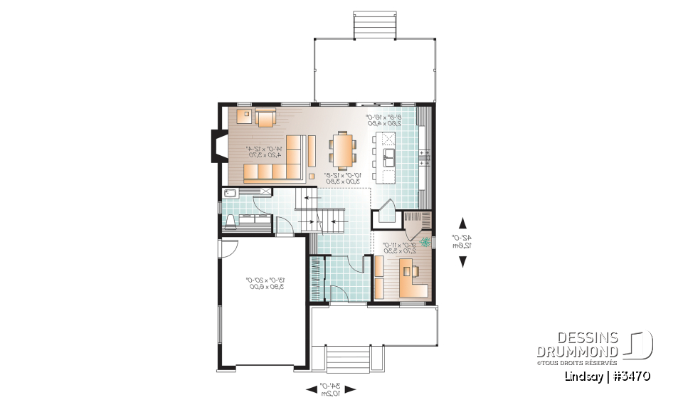 Rez-de-chaussée - Plan modèle contemporain, 3 à 4 chambres, bureau, foyer, îlot à la cuisine, balcon arrière couvert, garage - Lindsay