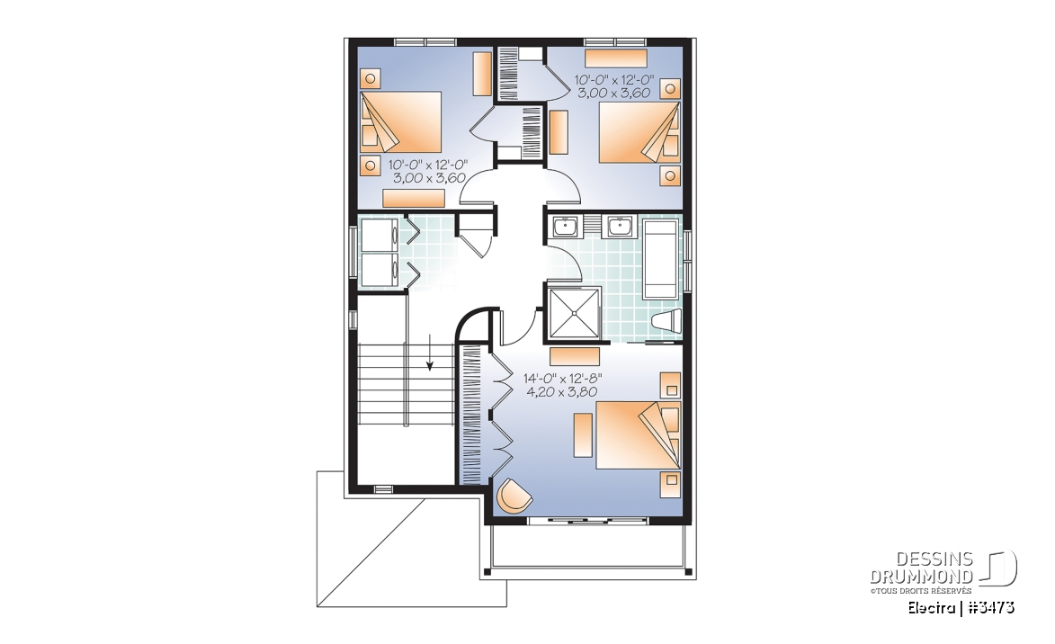Étage - Plan maison de ville 3 chambres, garage, terrain étroit, 2 salles familiales, garde-manger, îlot - Electra