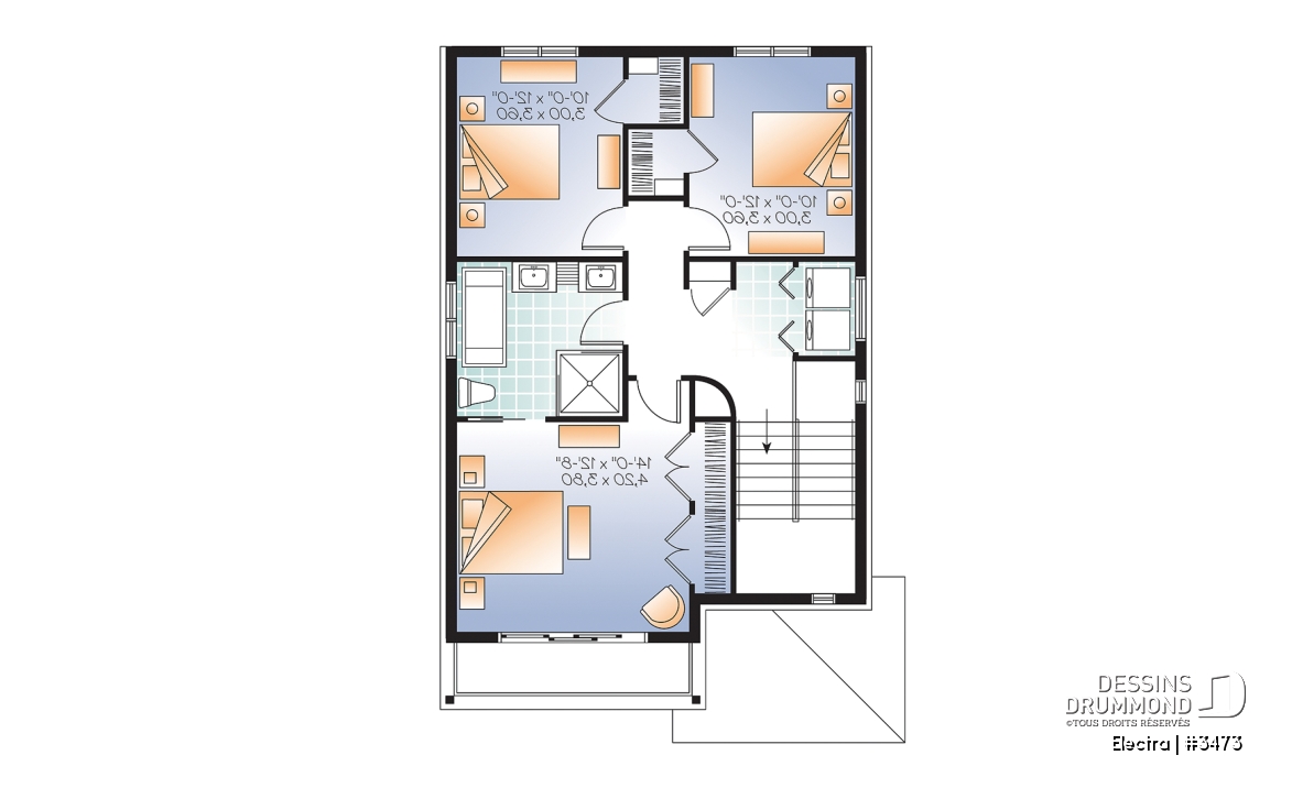Étage - Plan maison de ville 3 chambres, garage, terrain étroit, 2 salles familiales, garde-manger, îlot - Electra