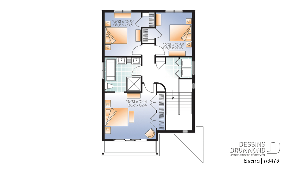 Étage - Plan maison de ville 3 chambres, garage, terrain étroit, 2 salles familiales, garde-manger, îlot - Electra