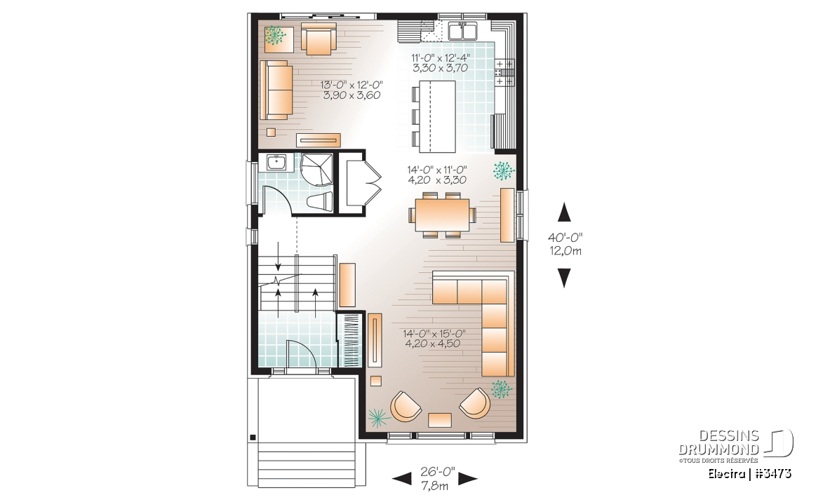Rez-de-chaussée - Plan maison de ville 3 chambres, garage, terrain étroit, 2 salles familiales, garde-manger, îlot - Electra