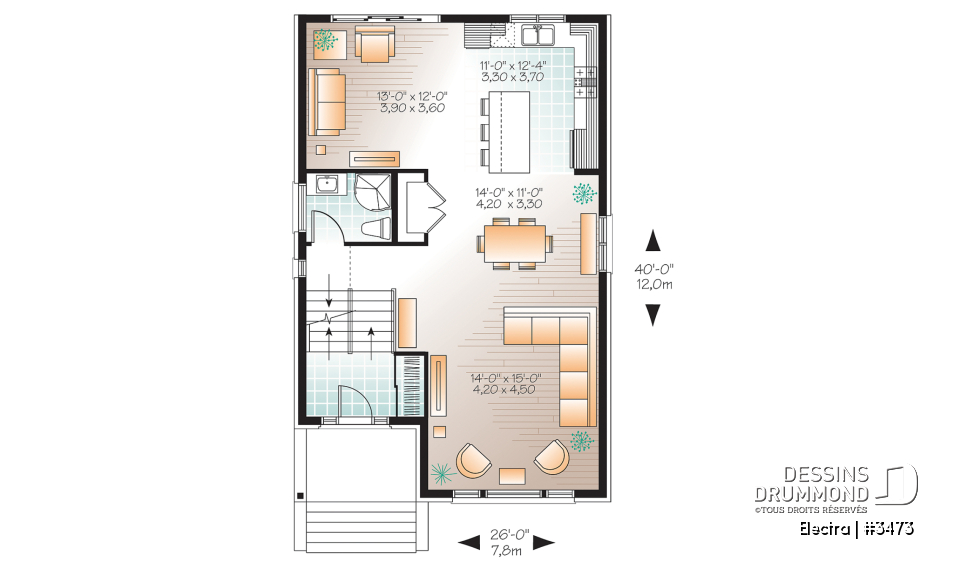 Rez-de-chaussée - Plan maison de ville 3 chambres, garage, terrain étroit, 2 salles familiales, garde-manger, îlot - Electra
