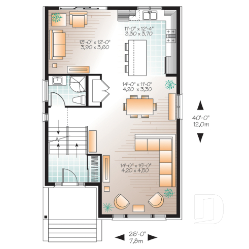 Rez-de-chaussée - Plan maison de ville 3 chambres, garage, terrain étroit, 2 salles familiales, garde-manger, îlot - Electra