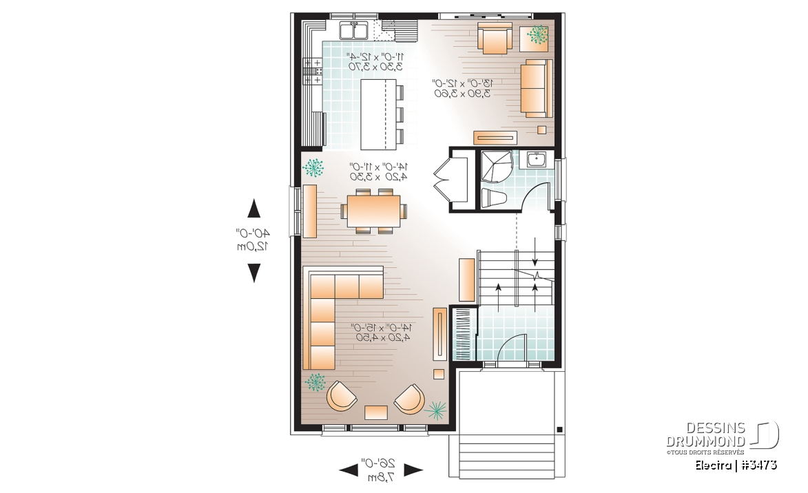 Rez-de-chaussée - Plan maison de ville 3 chambres, garage, terrain étroit, 2 salles familiales, garde-manger, îlot - Electra