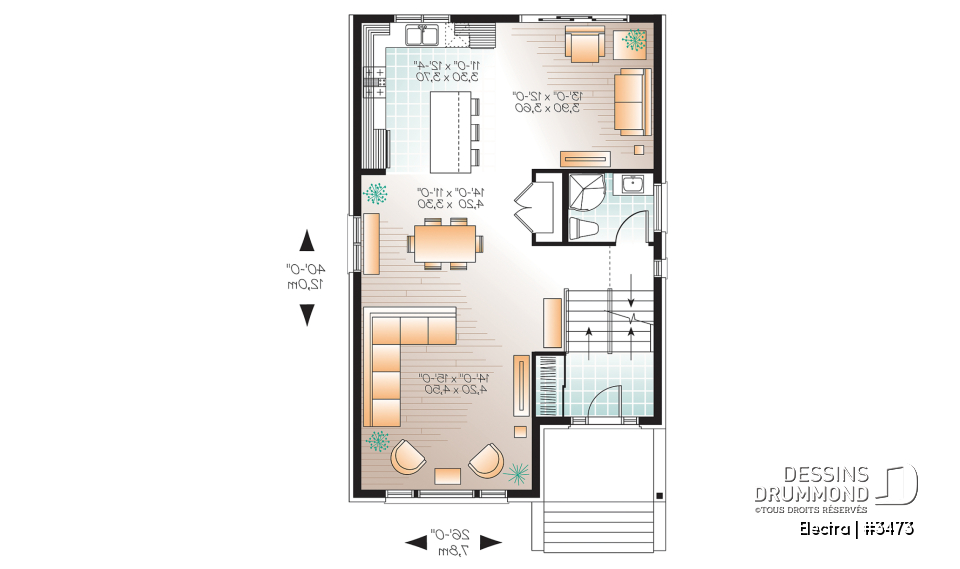 Rez-de-chaussée - Plan maison de ville 3 chambres, garage, terrain étroit, 2 salles familiales, garde-manger, îlot - Electra