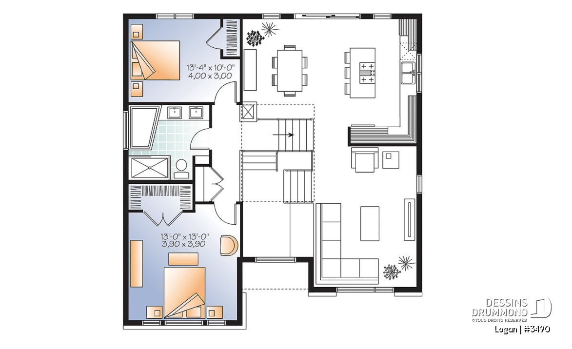 Étage - Plan de modèle contemporain, split-level, 3 chambres de bon format, grande cuisine avec îlot et garage - Logan