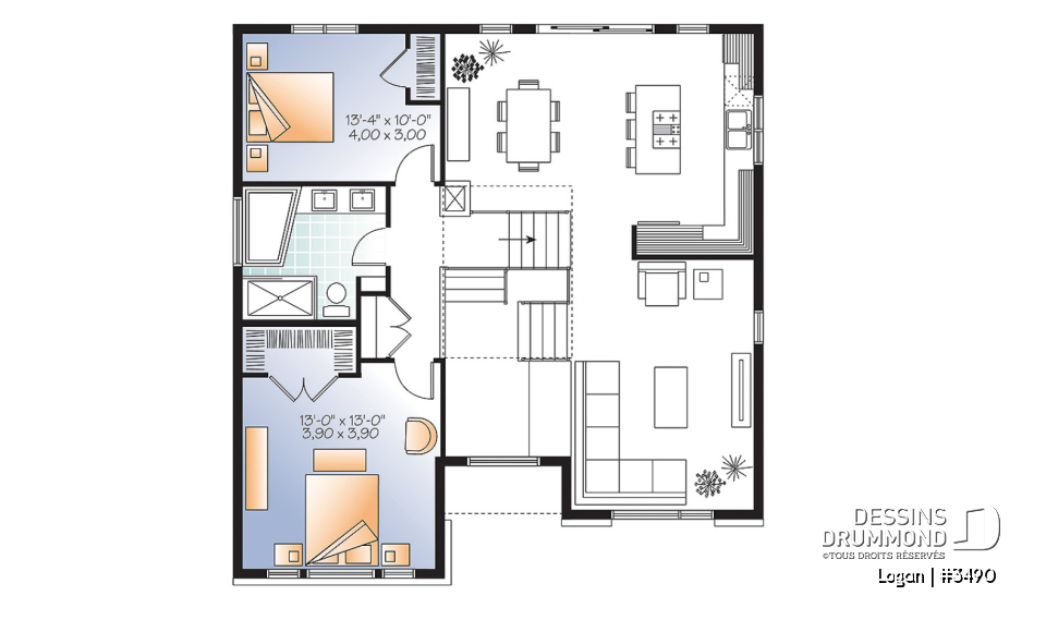 Étage - Plan de modèle contemporain, split-level, 3 chambres de bon format, grande cuisine avec îlot et garage - Logan