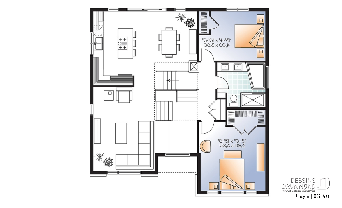 Étage - Plan de modèle contemporain, split-level, 3 chambres de bon format, grande cuisine avec îlot et garage - Logan
