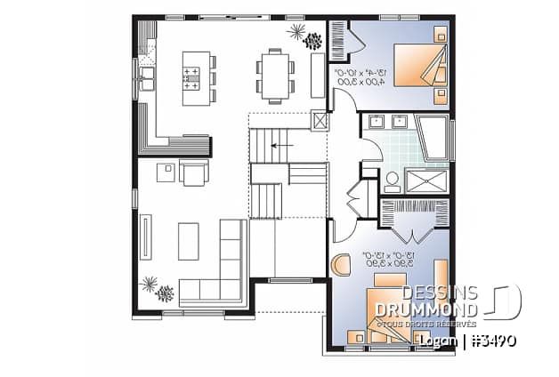 Étage - Plan de modèle contemporain, split-level, 3 chambres de bon format, grande cuisine avec îlot et garage - Logan