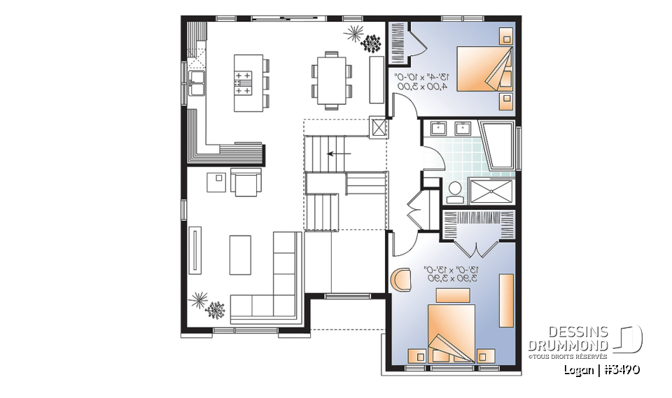 Étage - Plan de modèle contemporain, split-level, 3 chambres de bon format, grande cuisine avec îlot et garage - Logan